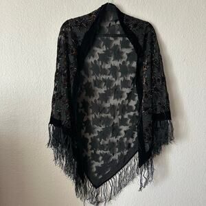 Vintage Silk Embroidered Open Front Scarf Shawl Wrap Black